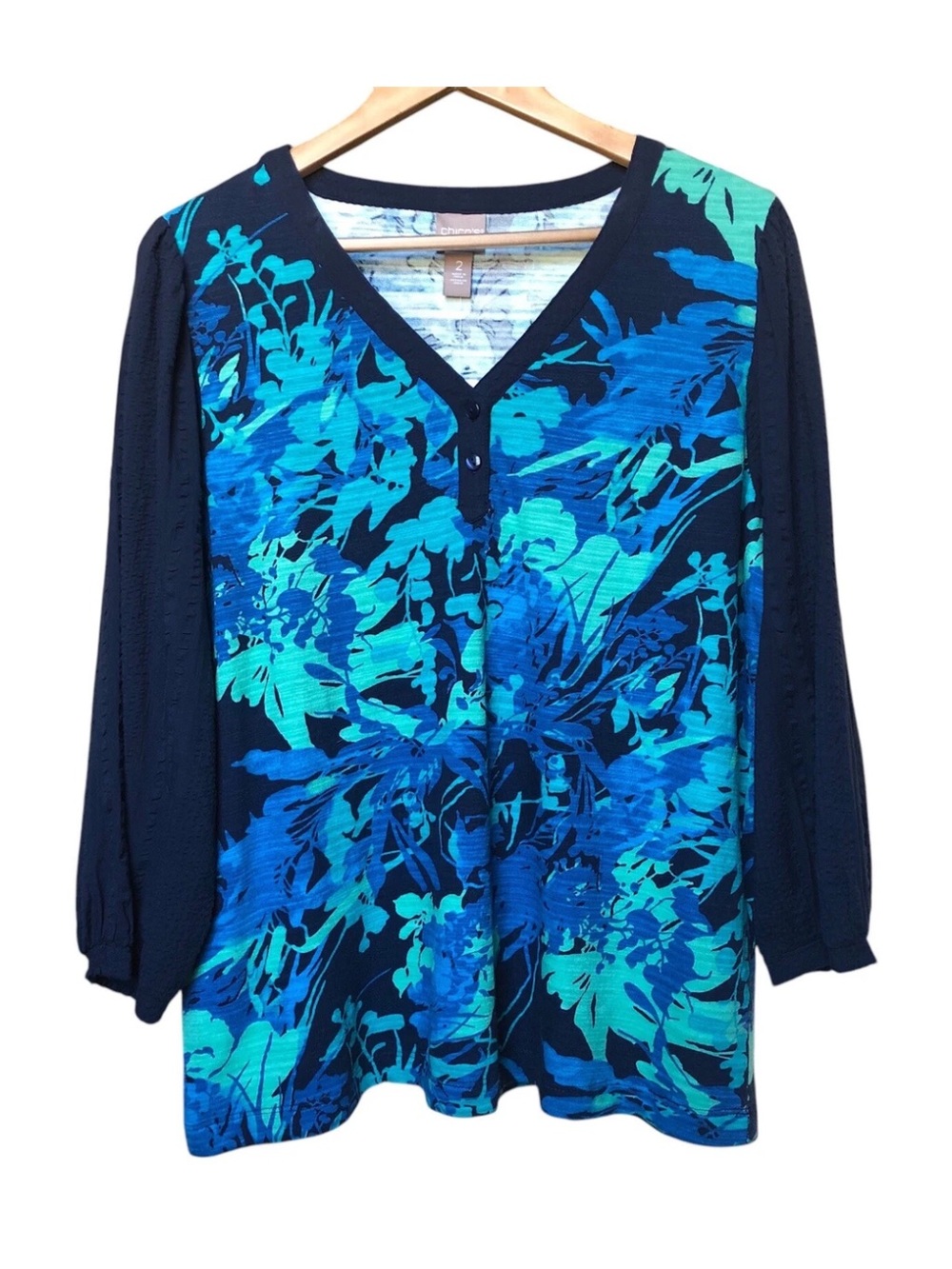 NEW! Chico’s Floral Henley Top Sz 2 / M /12 Spring Paradise Woven Elbow Blouse